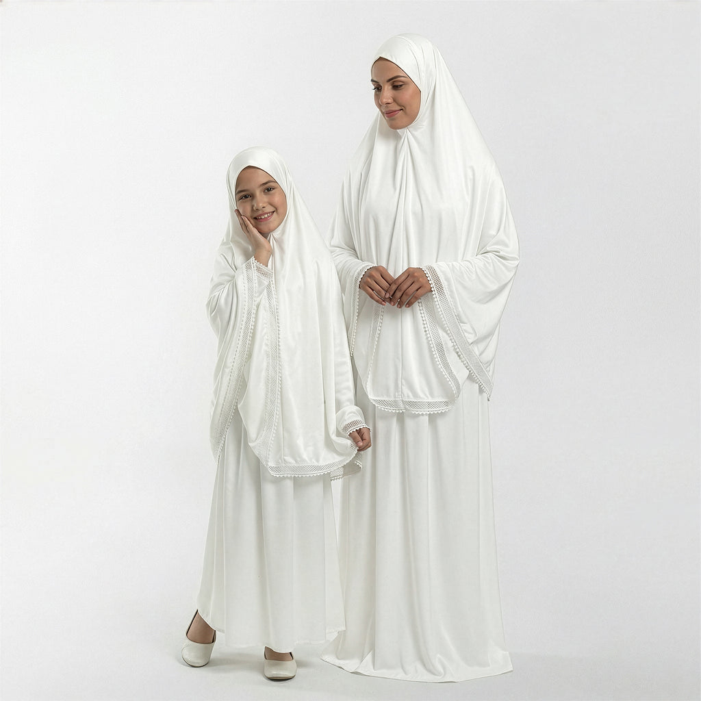 Kids and adult white satin khimar sets with lace-trimmed front panels