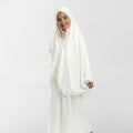 Kids satin khimar in white with lace-trimmed cuffs and front panel