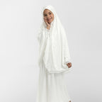 Kids satin khimar in white with lace-trimmed cuffs and front panel