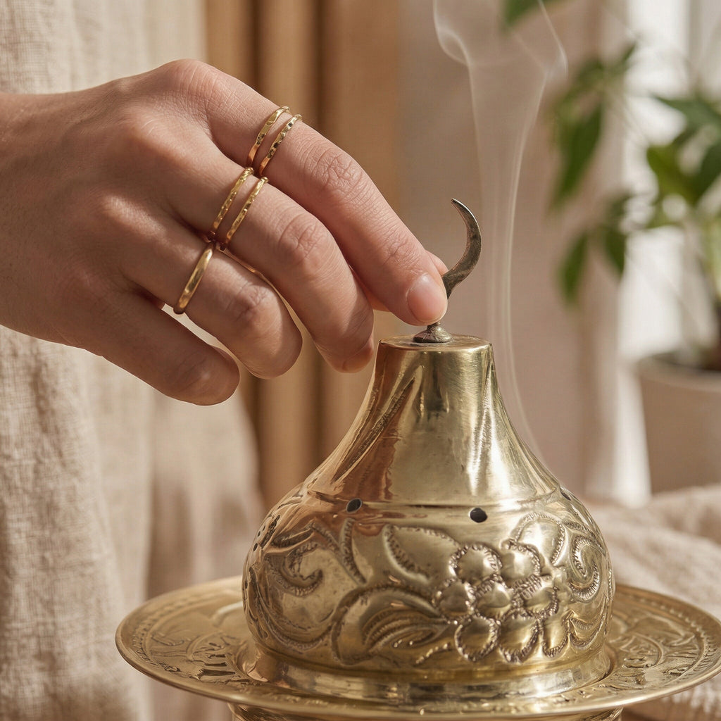 Copper incense burner lid close-up with engraved floral design and small holes