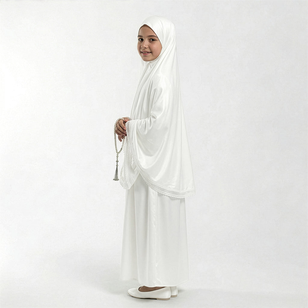 Kids white satin khimar with lace trim and hanging prayer-bead tassel