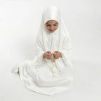 Kids white satin khimar with lace-trimmed sleeves and long prayer-bead tassel