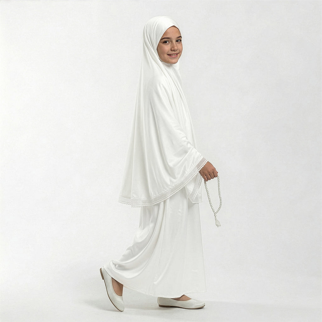 Kids white satin khimar with lace-edged hem and flowing sleeves
