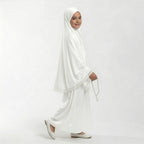 Kids white satin khimar with lace-edged hem and flowing sleeves