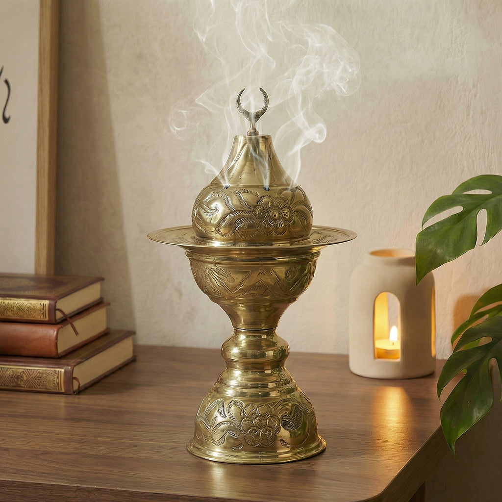 Copper incense burner with smoke drifting upward from the lid opening