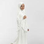 Kids white satin khimar with lace trim and attached prayer-bead string