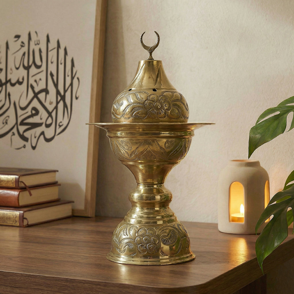 Copper incense burner with wide tray top and detailed embossed floral carvings