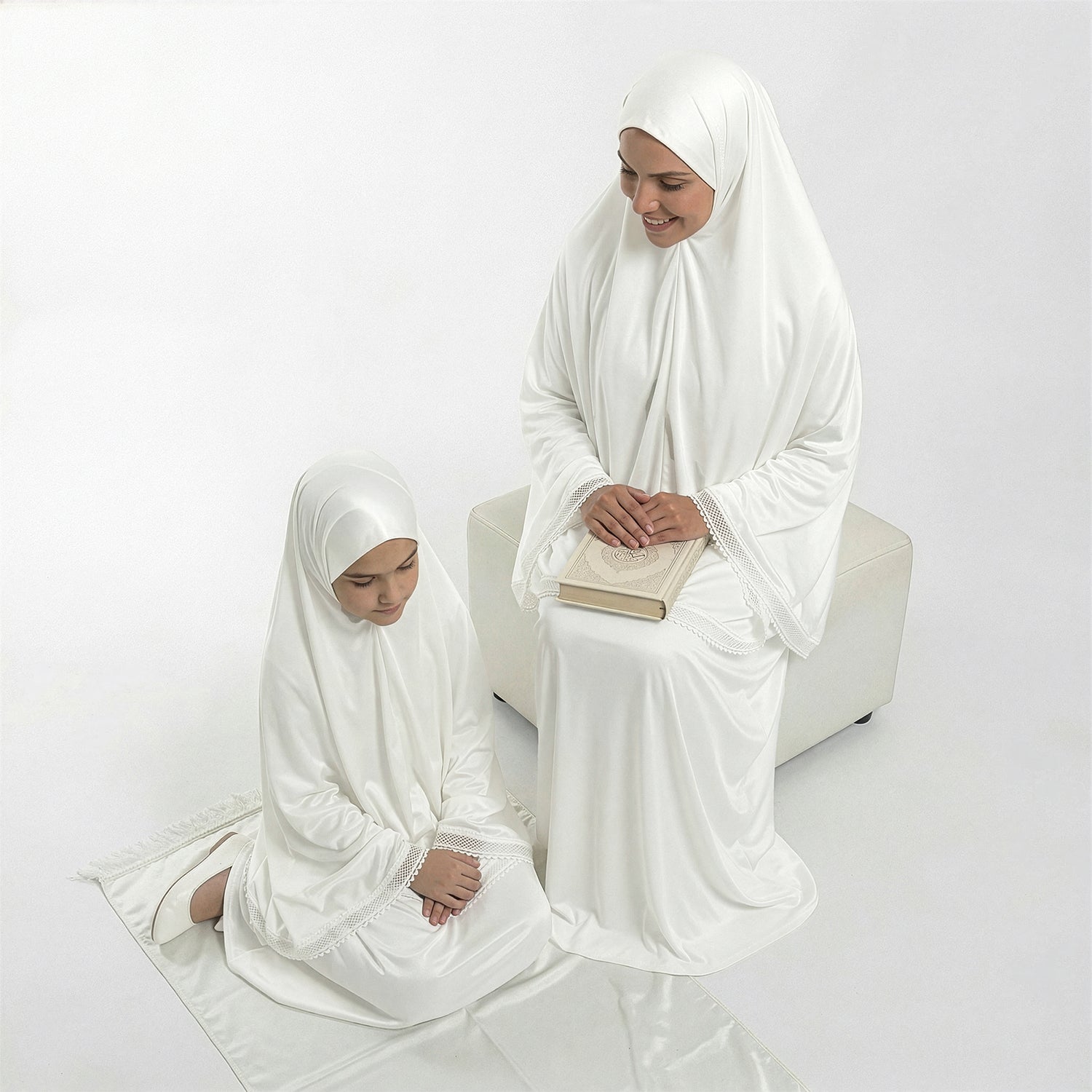 Kids and adult white satin khimar sets with lace trim and draped prayer-bead chain