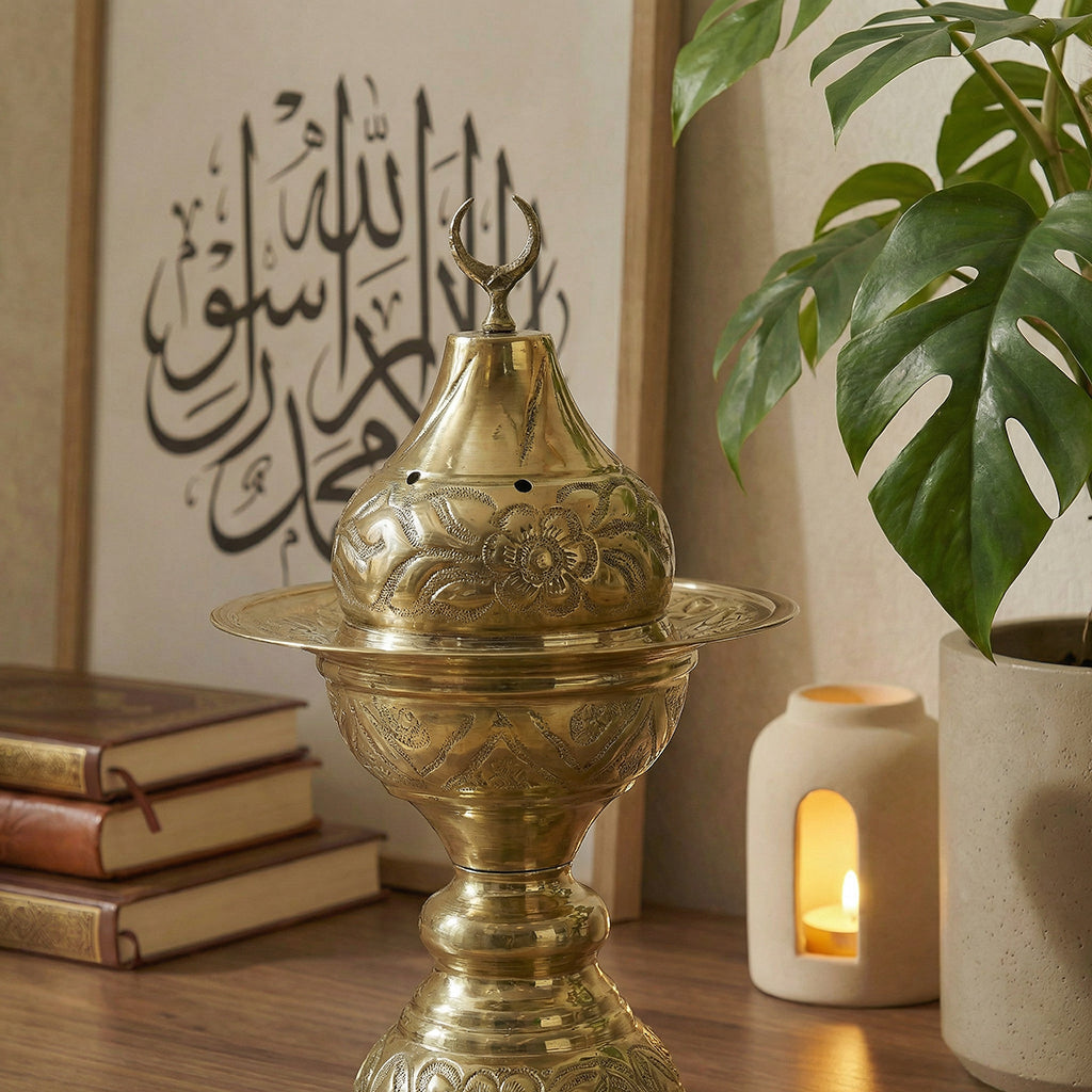 Copper incense burner standing with decorative top finial and ornate base