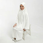 Kids white satin khimar with lace-trimmed sleeves and long draped hem