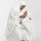 Kids and adult white satin khimar with lace trim, child holding prayer-beads
