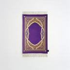 Padded prayer mat with purple border, purple arch medallion, and white fringe tassels