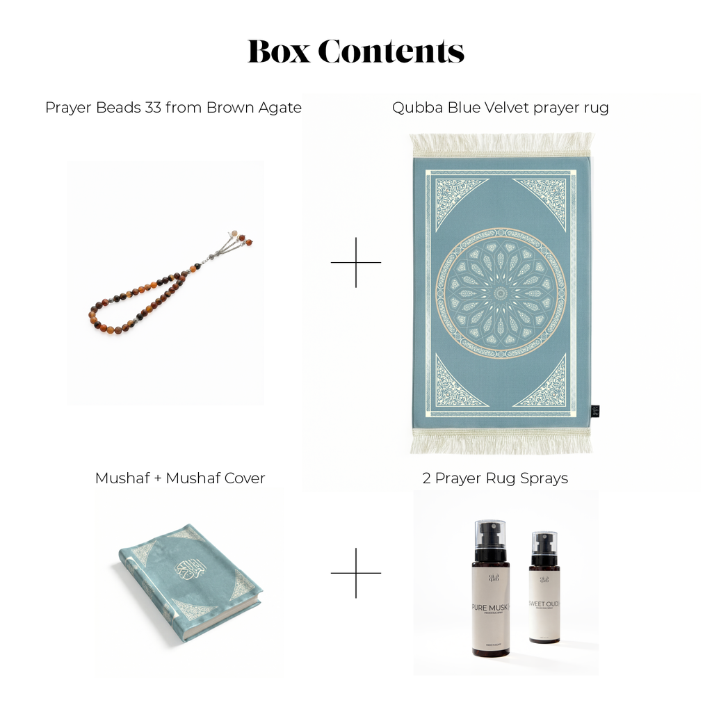 Luxury Gift Box 1 ( Brown Agate Prayer Beads + Mushaf + Mushaf Cover + Velvet Payer Mat + Prayer Rug Spray )