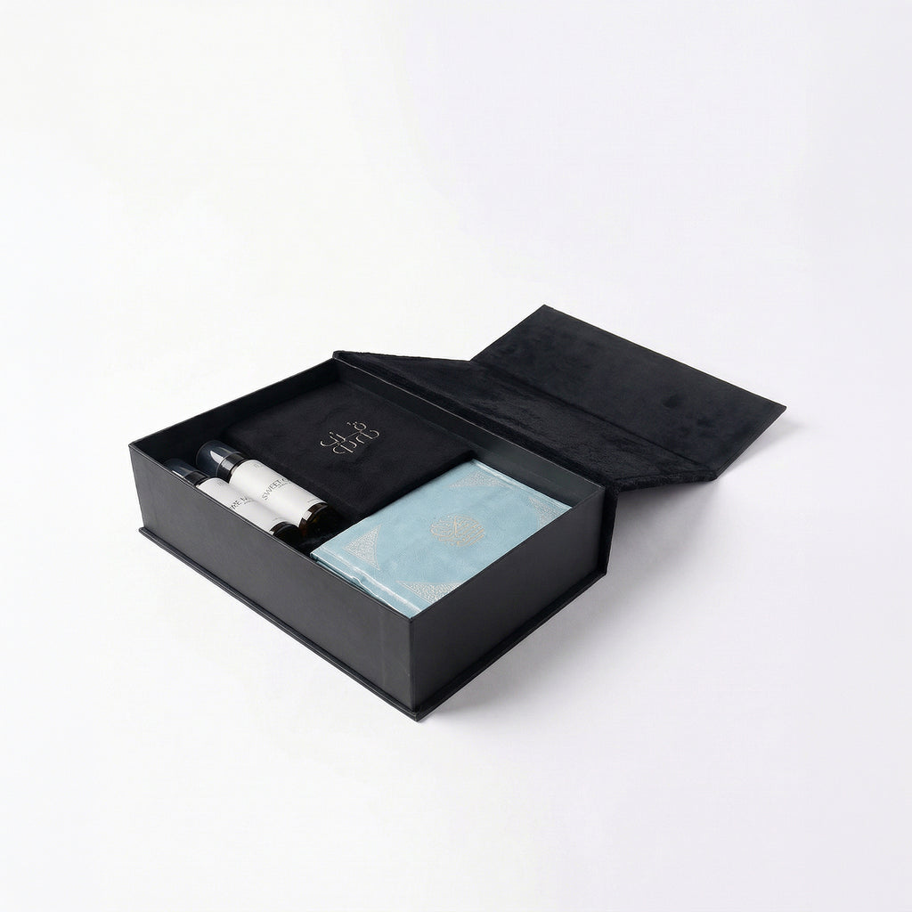 Luxury Gift Box 1 ( Brown Agate Prayer Beads + Mushaf + Mushaf Cover + Velvet Payer Mat + Prayer Rug Spray )