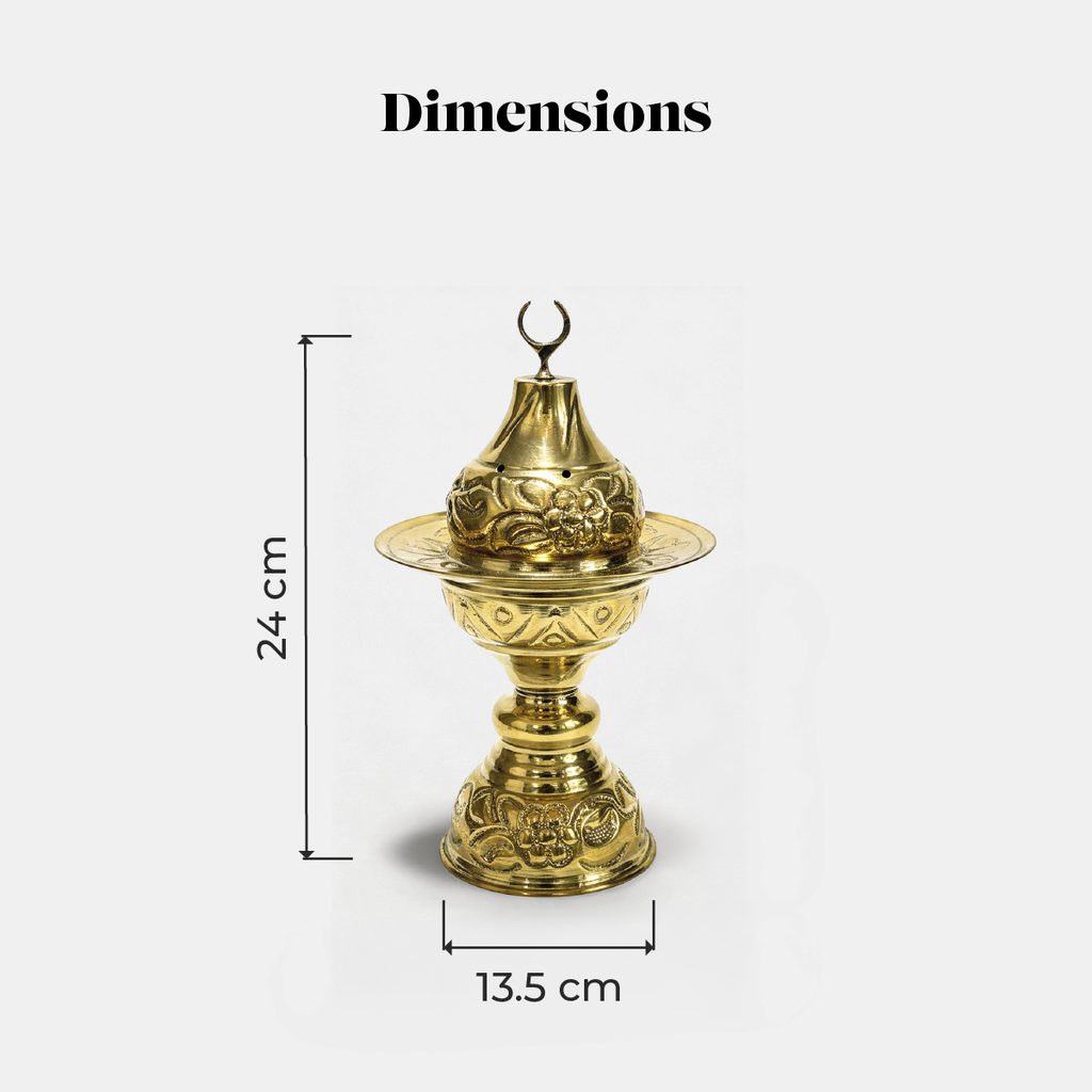 Ornate metal incense burner with wide tray and finial, standing
