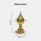 Ornate metal incense burner with wide tray and finial, standing