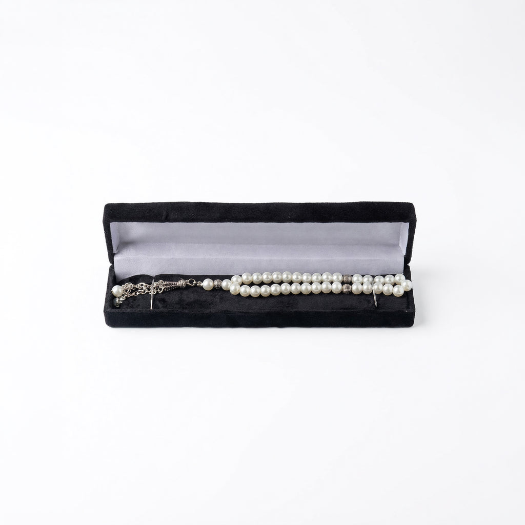 White pearl beaded prayer bracelet in black velvet presentation box