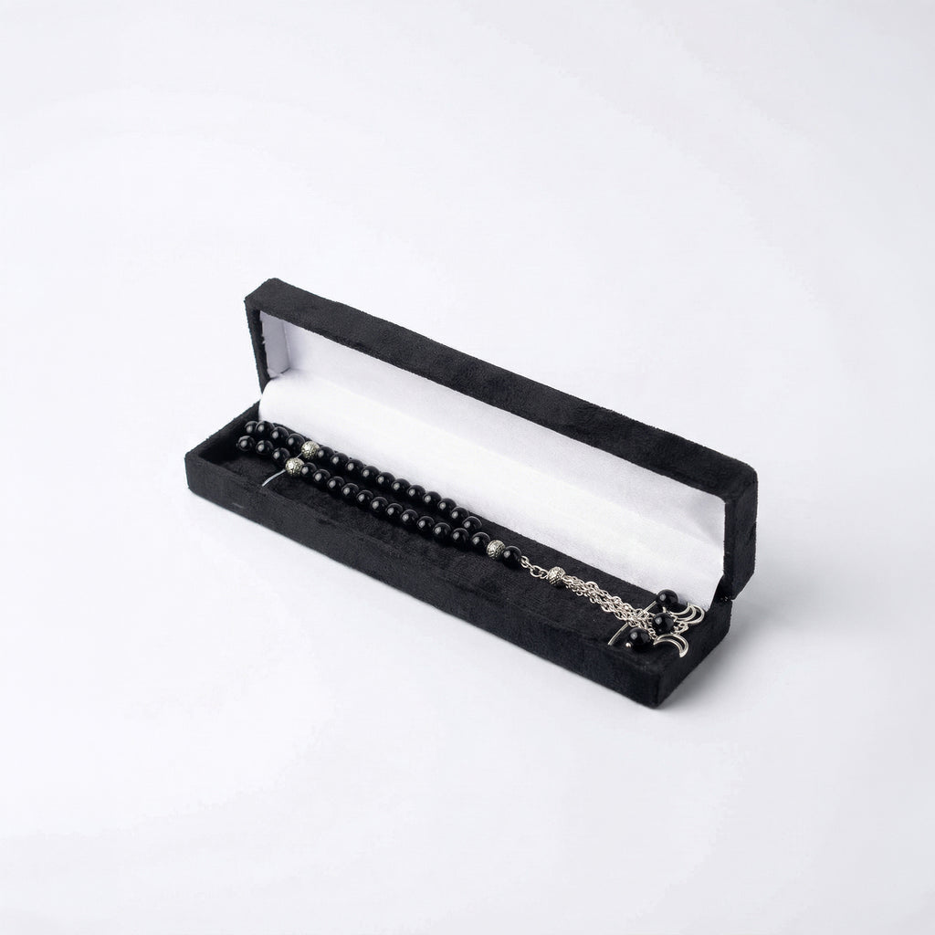 Black beaded prayer set in black velvet presentation box with silver-tone chain