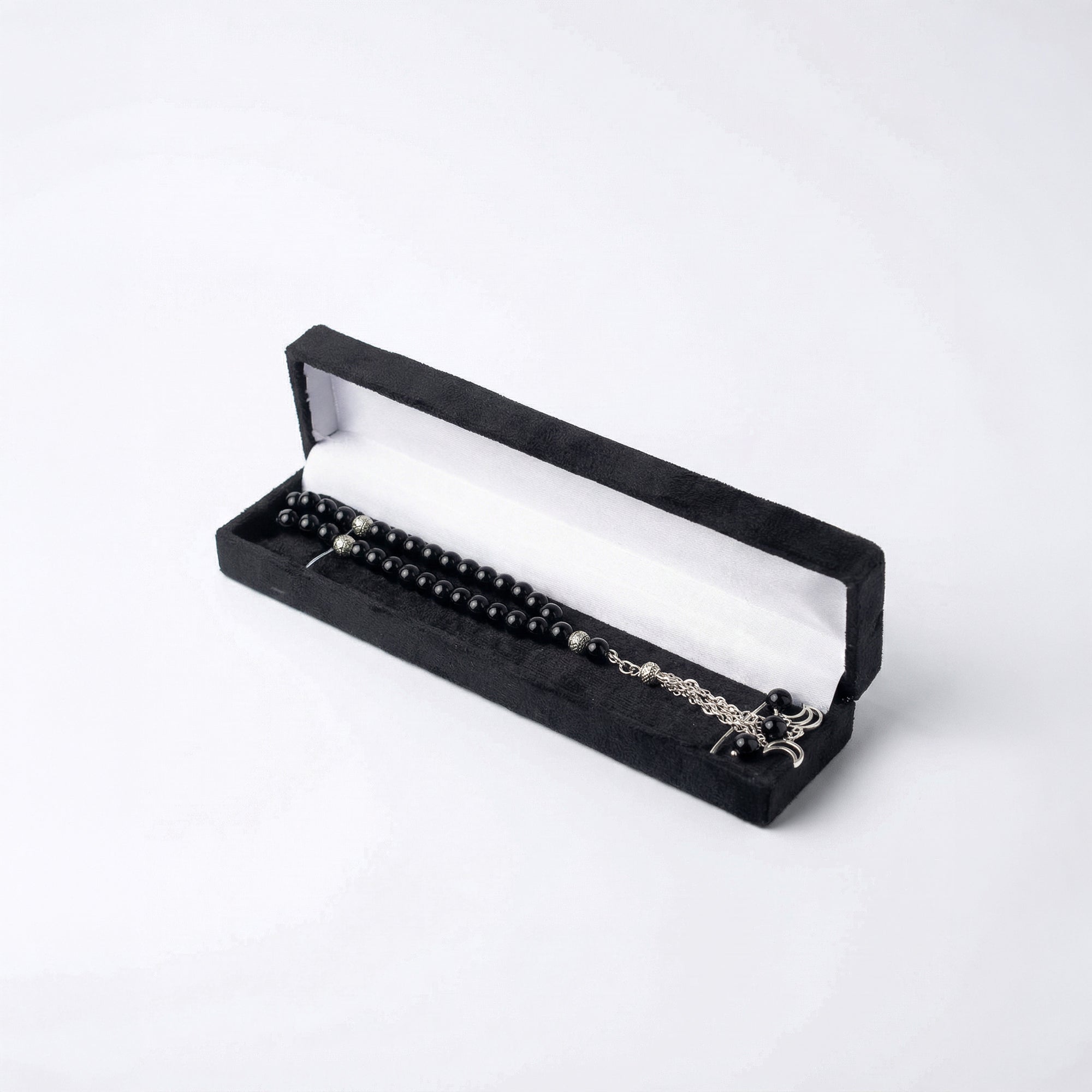 Black beaded prayer set in black velvet presentation box with silver-tone chain