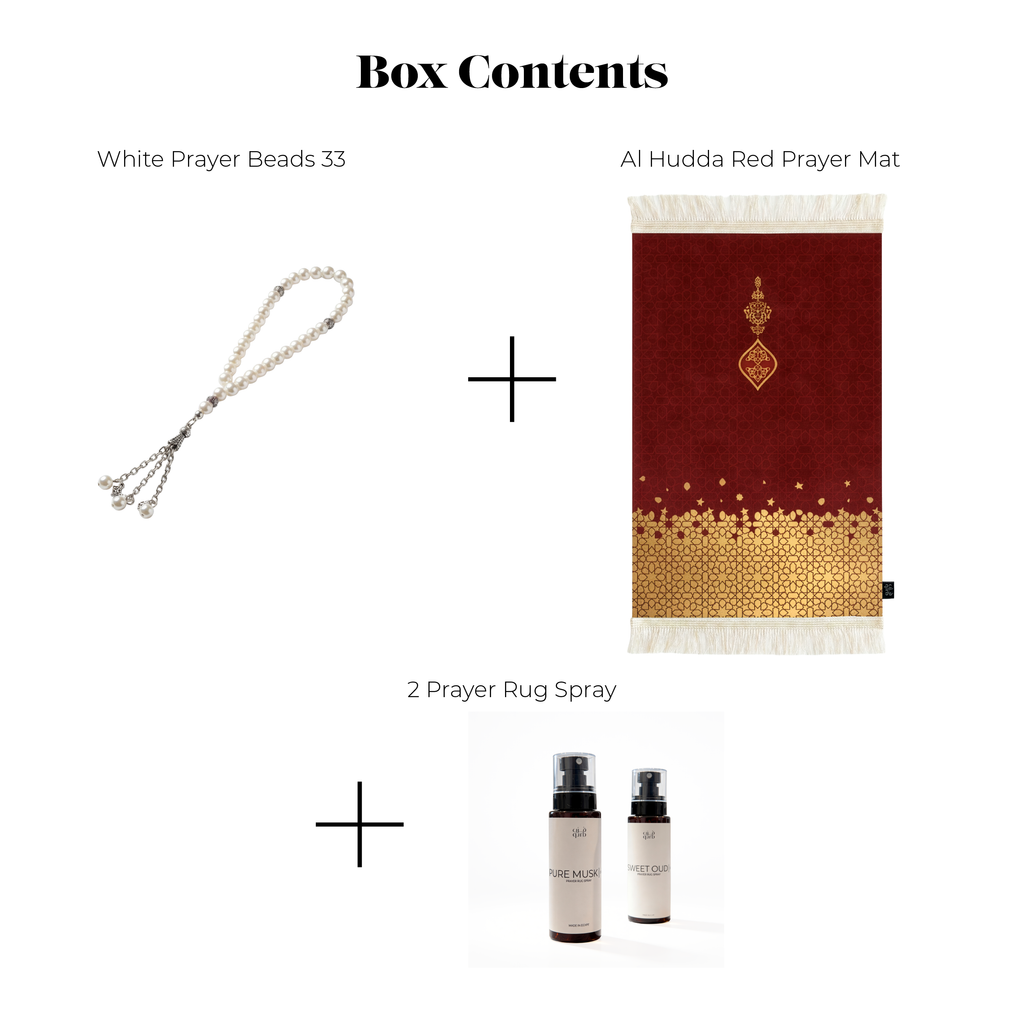 Gift box contents: white prayer beads, red prayer mat, and two rug spray bottles