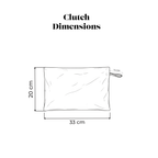 Clutch bag dimension diagram with 33 cm by 20 cm size and loop handle