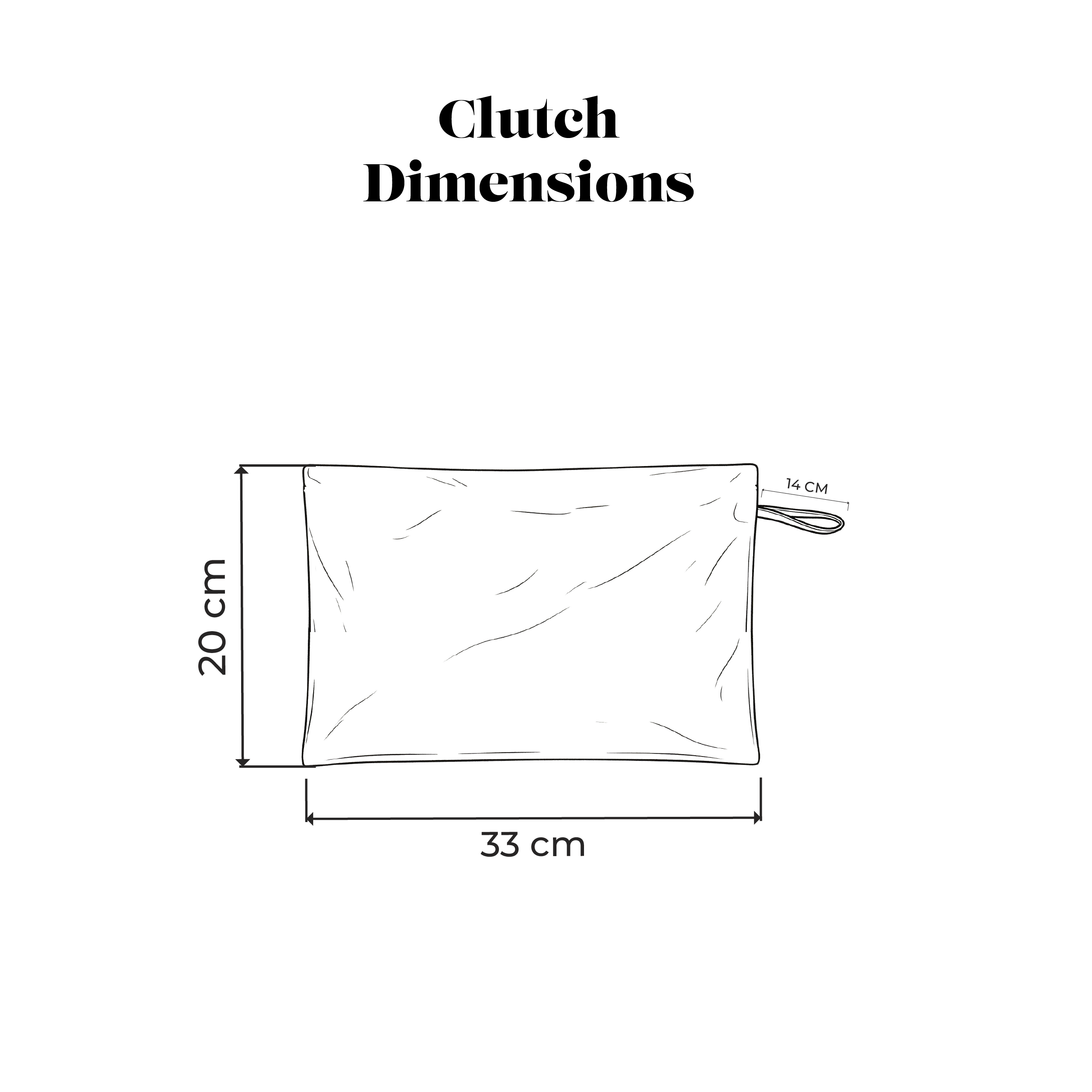 Clutch bag dimension diagram with 33 cm by 20 cm size and loop handle