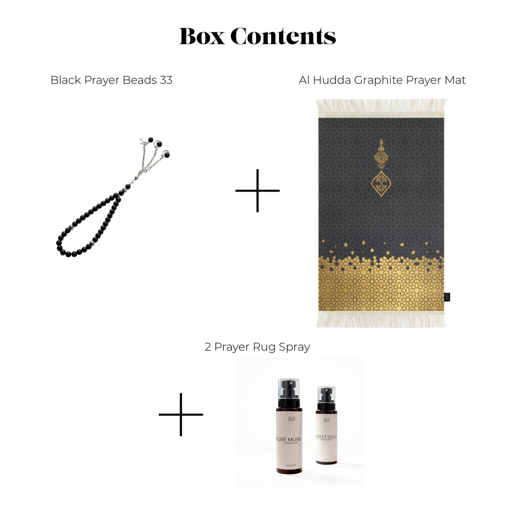 Gift box contents: black prayer beads, graphite prayer mat, and two rug spray bottles